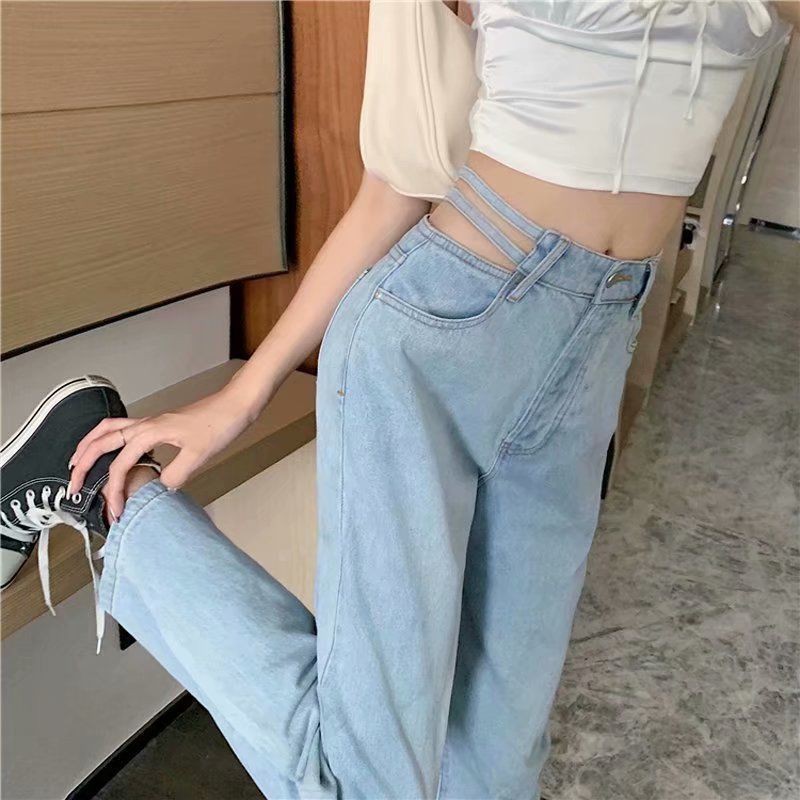 Suhao Versi Korea dari high-waist sisi meninju seksi sling wide pants musim semi desain baru jeans