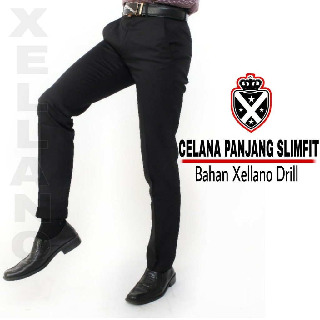 Celana Formal Pria Panjang Kerja Kantor Slimfit Bahan Kain Drill Warna Hitam 28-36