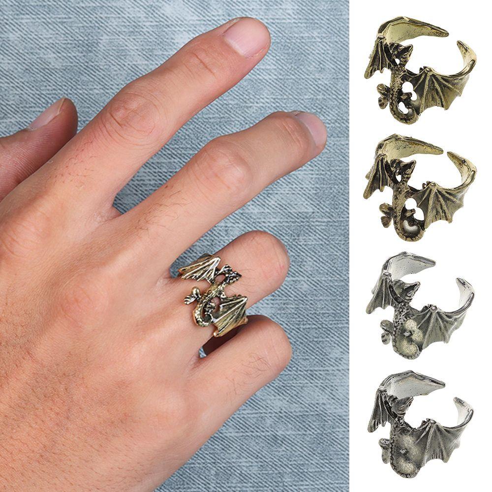 R-bunga Noctilucent Naga Cincin Aksesoris Fashion Halloween Adjustable Terbuka Punk Single Pria Pterosaurus Ring