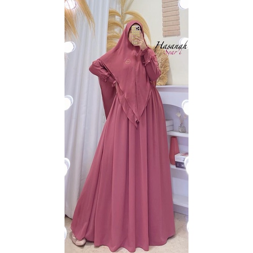 Gamis syari hasanah bahan ceruty baby doll premium full furing / busui / resleting-Dusty