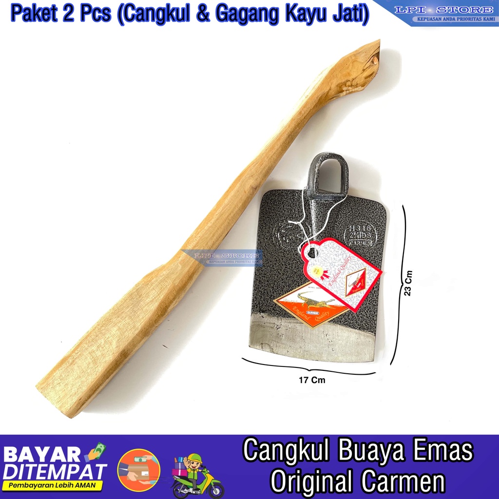 100% ori Cangkul Pacul Buaya Mas Carmen Paket 2 Pcs Dengan Gagang  Export Quality / Pacul Sawah Anti Lengket / Cangkul Kebu - Bahan Material Terbuat Dari Baja Rel Kereta Api asal Russia Kualitas Terbaik | Paket Carmen Dan Gagang