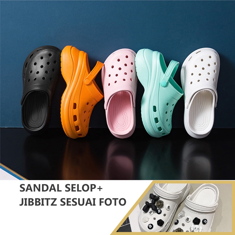 Sandal Crocs Slop Wanita Sandal Wanita Slip On Baim Fuji Polos Viral Jibbitz Import Sandal Baim Wanita Sandal Cewek Selop Wedges Anti Slip Sandal Karet Spons Eva Classic Bae Clog SIZE:36-40 Hitam krem Merah Jambu