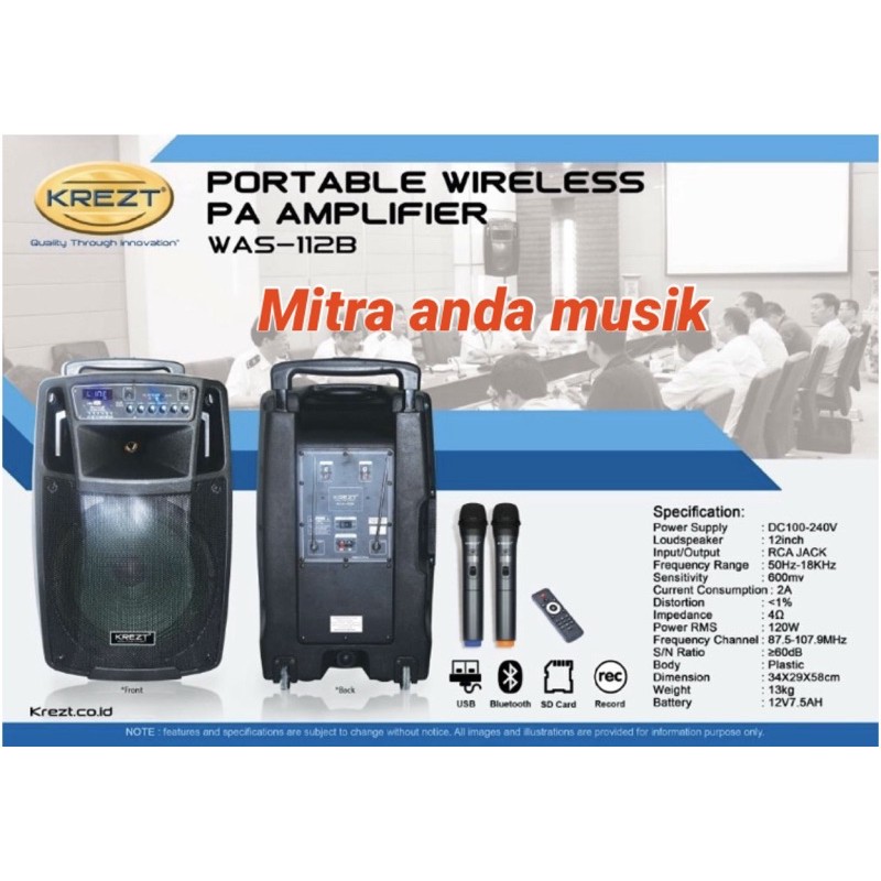 Speaker aktif 12" wireless portable meeting usb bluetooth krezt was112b