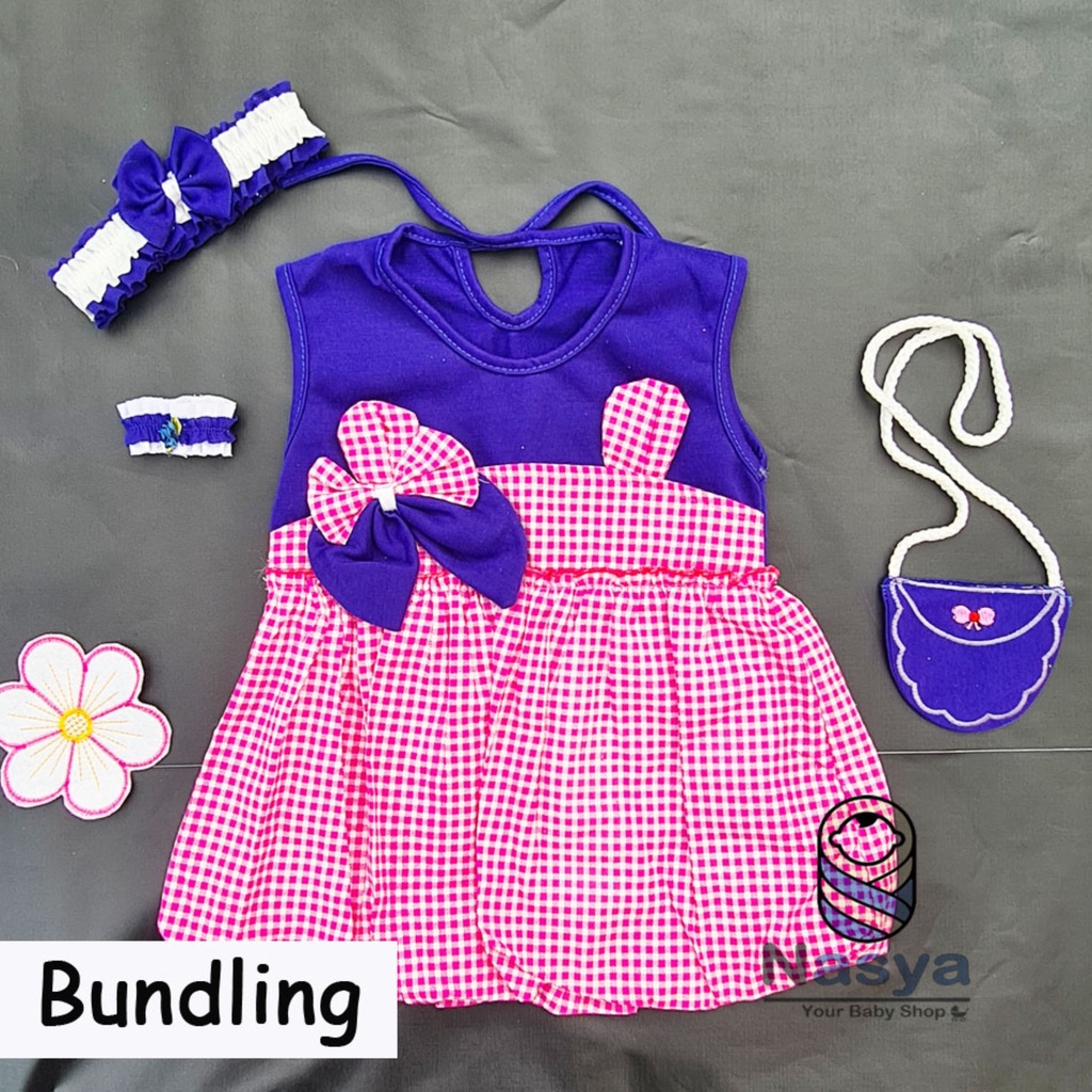 [P-044B] Dress Bayi Anak Lucu Usia 0-6 Bulan Full Set Bandana, Gelang dan Tas