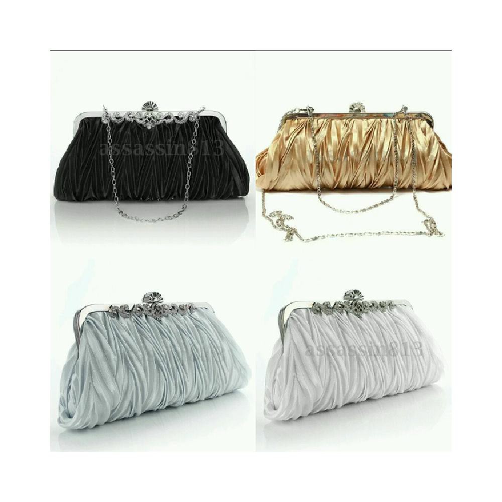 Tas Pesta - Clutch - Satin - Emas Gold Perak Silver Putih Hitam - Hitam