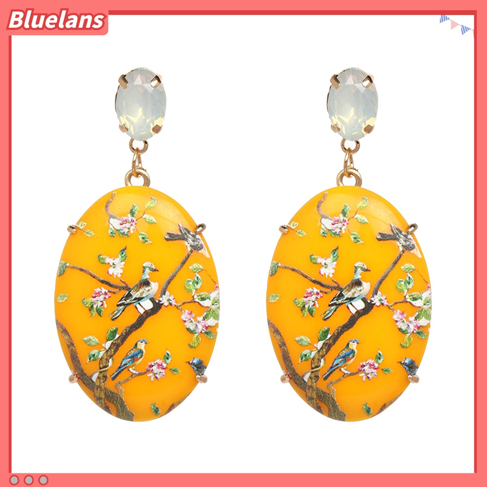 Anting Juntai Bentuk Oval Motif Bunga Dan Burung Bahan Resin Gaya Vintage Untuk Wanita