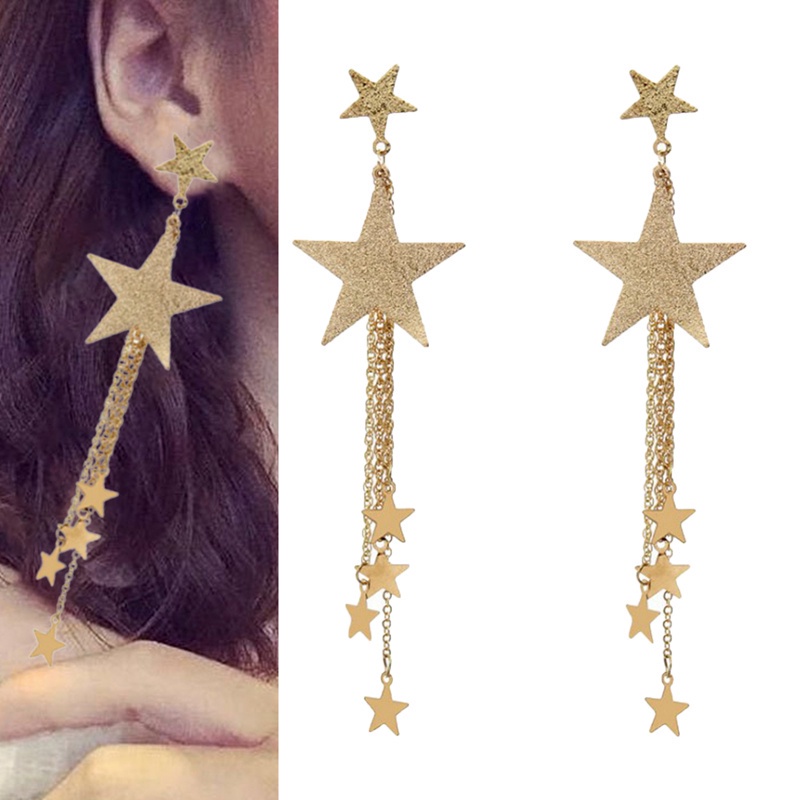 Fancyqube Anting Hoop Panjang Desain Bintang Rumbai Bahan Metal Untuk Wanita