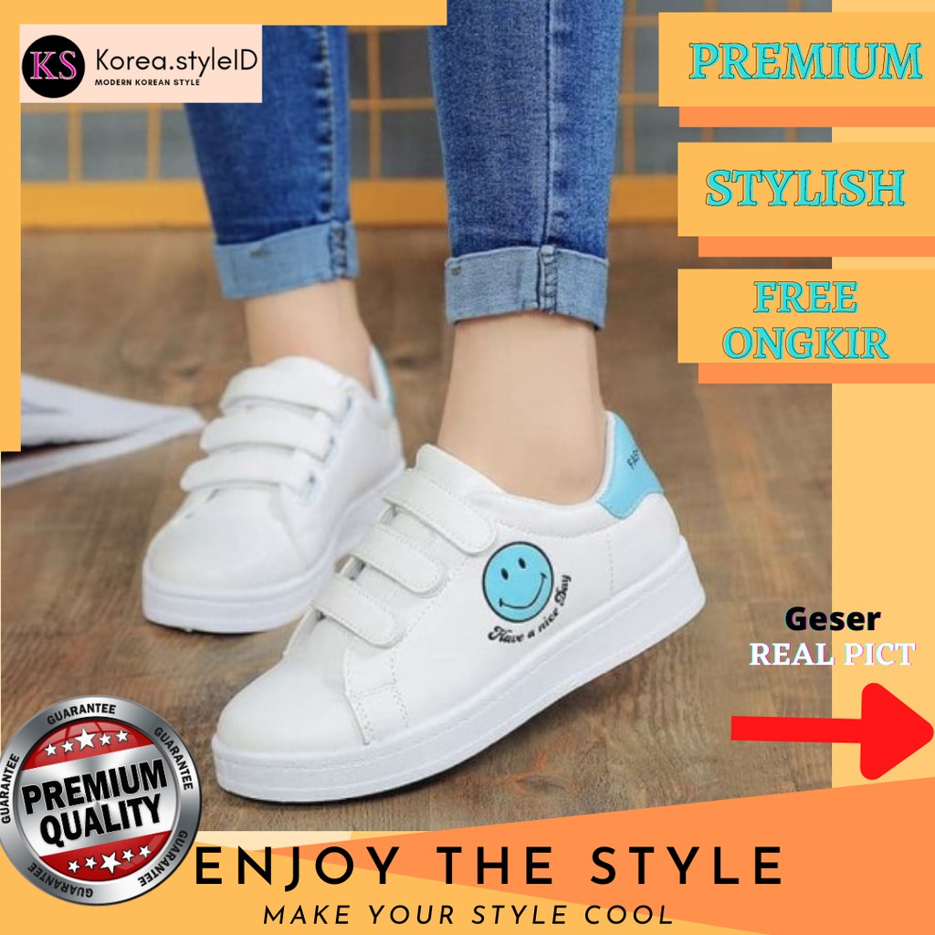 sepatu kets casual emot smile biru | sepatu wanita biru muda | sepatu sneakers wanita premium murah