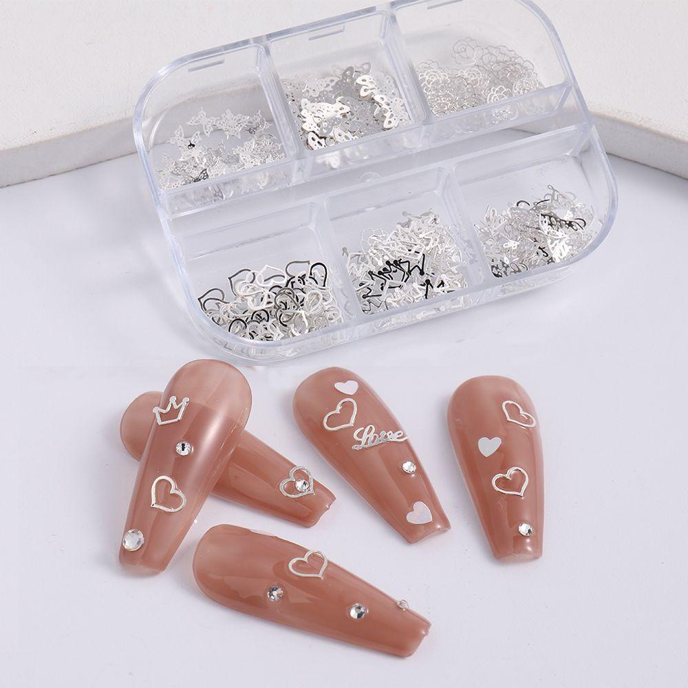 AUGUSTINA Agustina Rivet Aksesoris Kuku Perak 6kisi 3D Perhiasan Kuku Hati Bunga Kupu-Kupu Manicure Nail Art Dekorasi