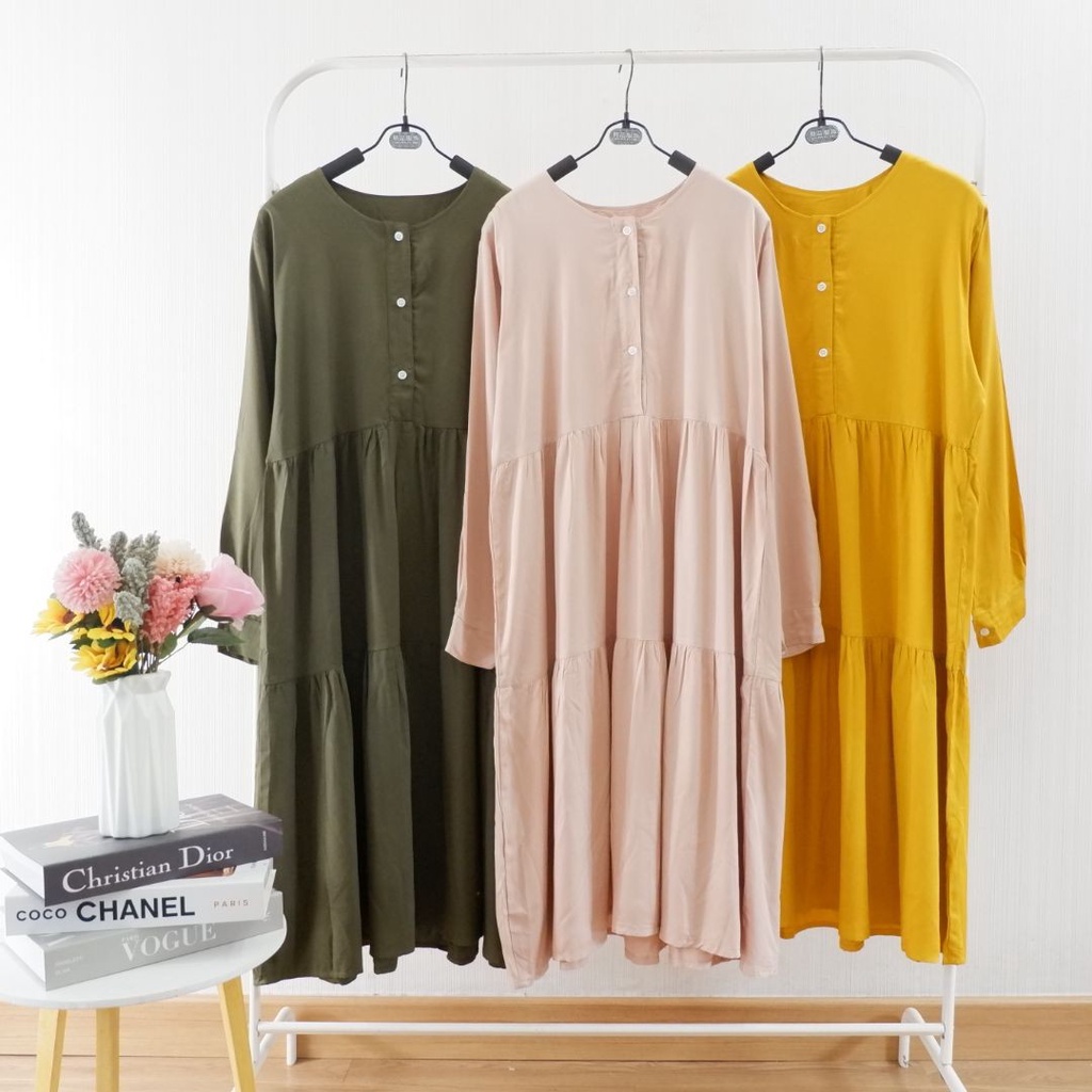 ( ORIGINAL PREMIUM ) Midi Dress Rample Wanita Simple ELegant Keren UK Tunik Babydoll Rample Liyana