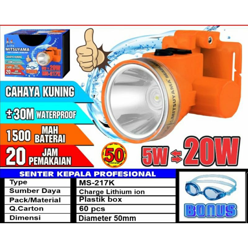 Mitsuyama MS -217 Senter Kepala LED 20W Selam Waterproof Bonus Kaca Mata Renang/Senter Kepala Selam