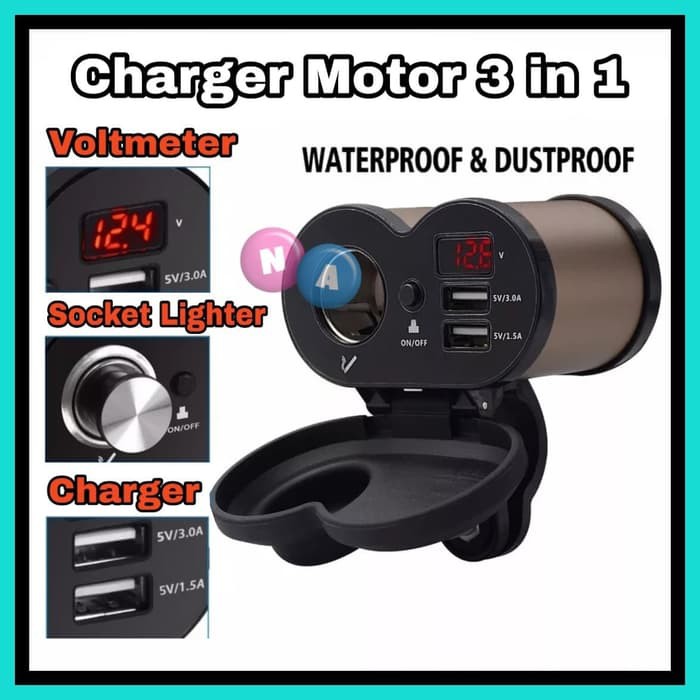 Charger Motor 3 in 1 Stang Waterproof - Voltmeter - Lighter - Charger