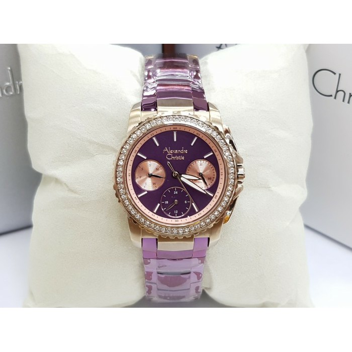 Jam Tangan Wanita Alexandre Christie AC 6455  Rosegold Purple Black Original
