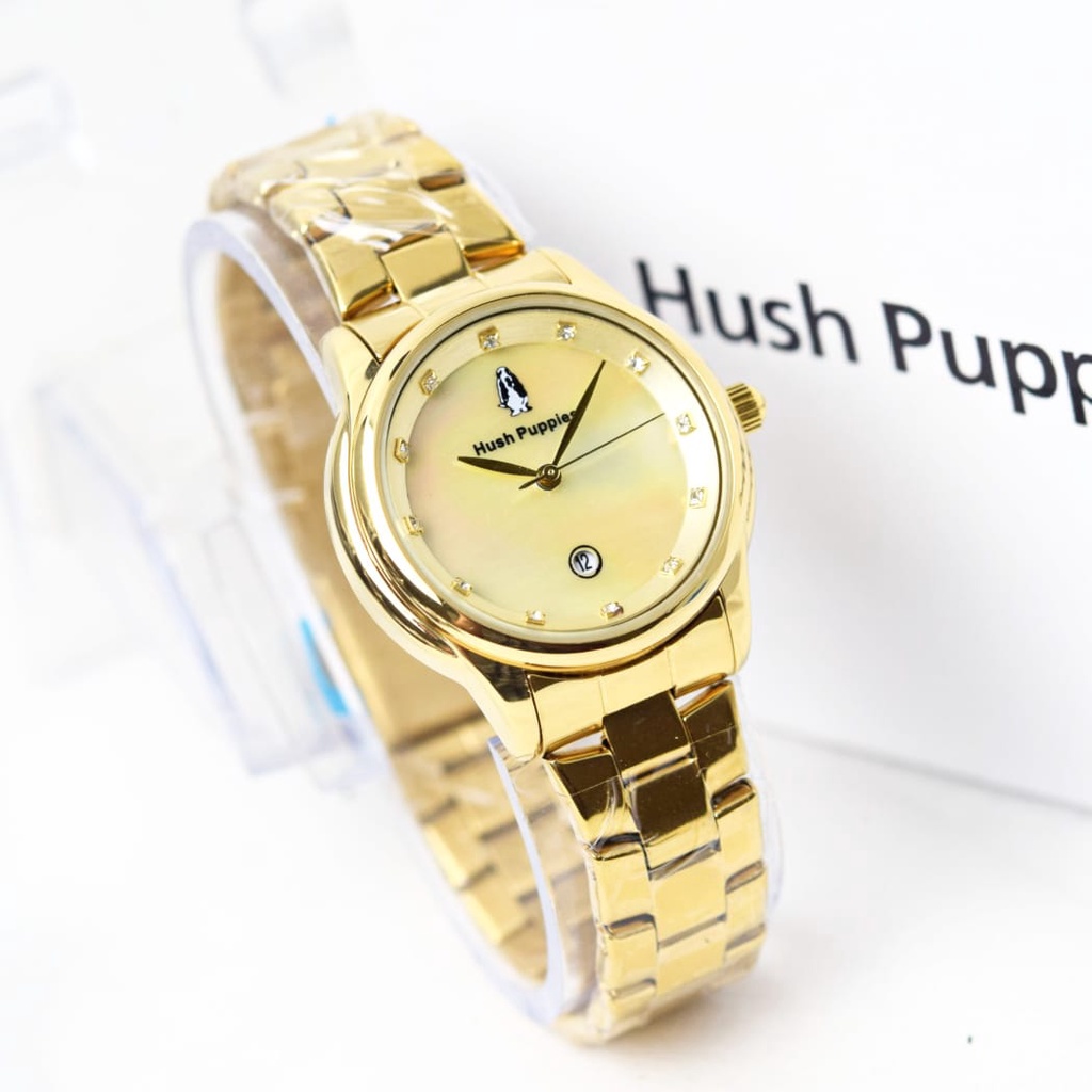 ( BISA COD ) JAM TANGAN WANITA HUSH PUPPIES RANTAI BODY BULAT TANGGAL AKTIF