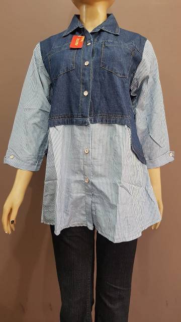 YULI - Atasan Kemeja Jeans Wanita  Kombinasi Salur  Lengan 3/4 ( kode 64 )