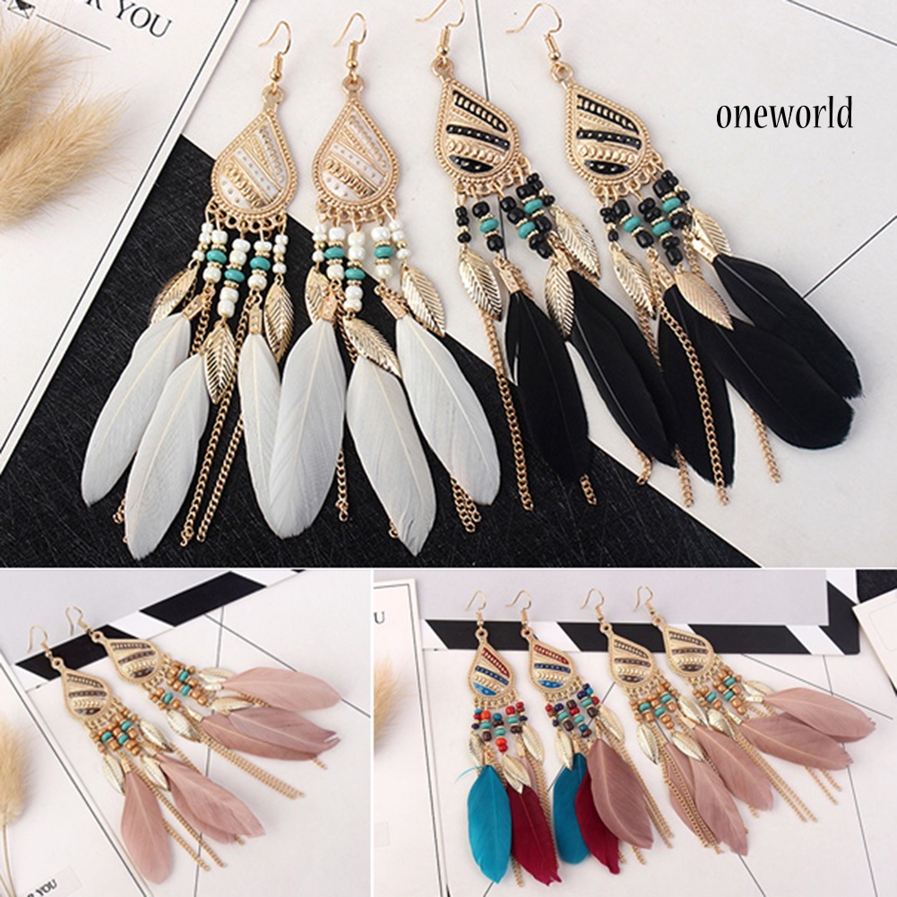 OW@ Vintage Elegant Long Pendant Dangle Hook Feather Earrings Women Jewelry Gift