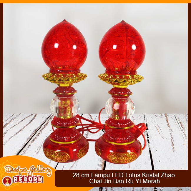 Lampu Sembahyang Altar Merah LED Lotus Kristal Zhao Chai 28cm