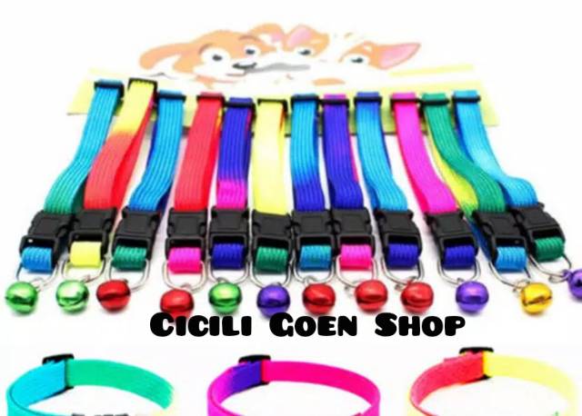 Kalung rainbow 1cm wrn sembur dg lonceng aksesoris collar kucing anjing kelinci murah simpel cantik