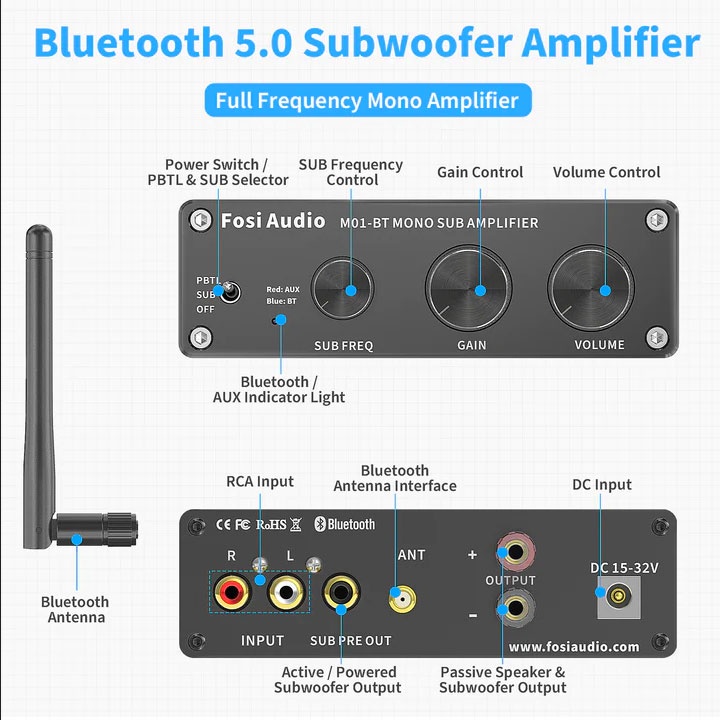 Fosi Audio Subwoofer Amplifier Mono Channel 300W TPA7498E - M01-BT - Black