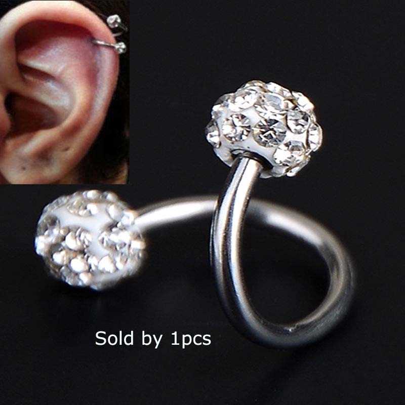 1piece Stainless Steel Crystal Twist Spiral Tragus Helix Cartilage Piercing 16G