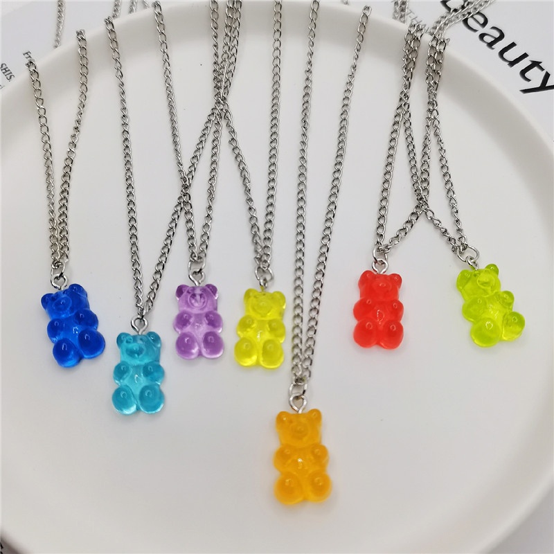 Transparan Beruang Bulat Rantai Kalung,Liontin Resin Kartun,Warna Cerah,Fashion Jewelry