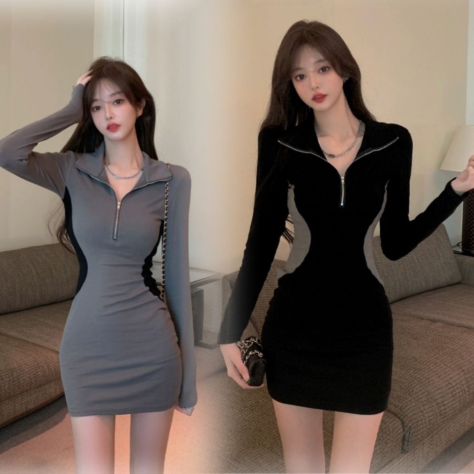 dress korean style sexy slim long sleeve hip dress women waist tight bottoming short skirt grey skir