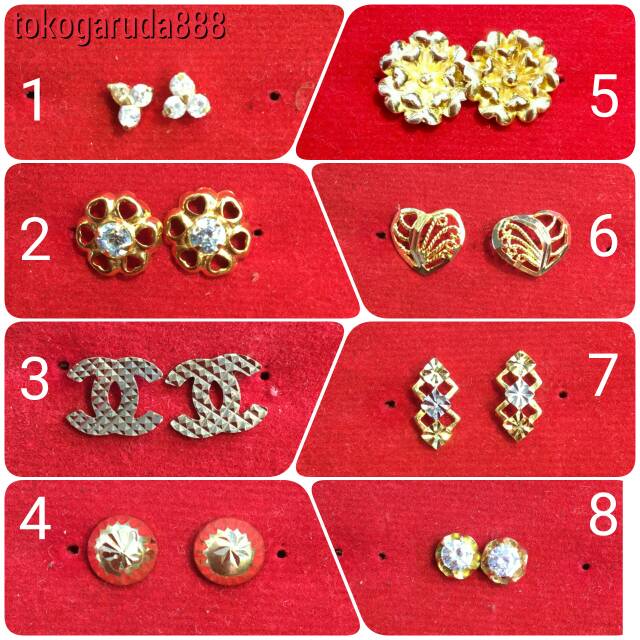 Anting duduk paku cucuk stud anak dan dewasa emas asli kadar 700 70% 22 0.5 0,5 setengah g gr gram bunga bulat ukir