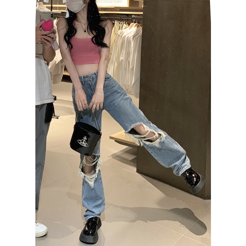 Gaya Korea Jeans Retro Jeans Wanita Pinggang Tinggi Slim Celana Lurus Musim Panas Longgar Lebar Kaki