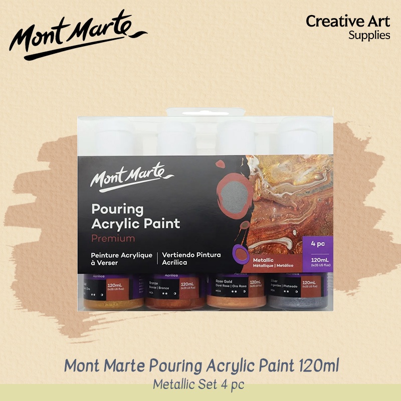 

Pouring Acrylic Paint Cat Akrilik Mont Marte 120ml 4pc Set Metalic untuk Fluid Art Praktis