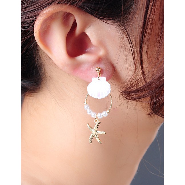 LRC Anting Tusuk Fashion Gold Starfish 925 Sterling Silver Shell Pearl Earrings D17379