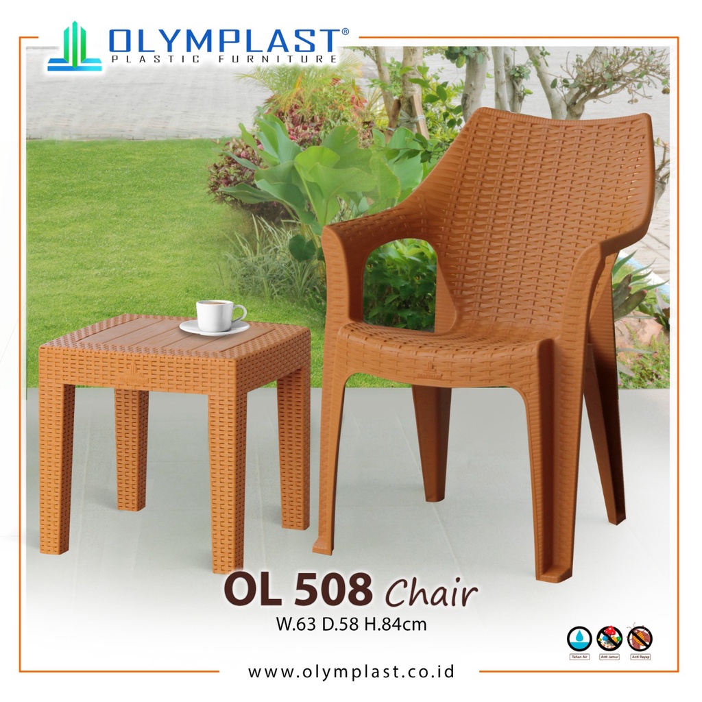 KURSI DAN SET MEJA KURSI PLASTIK SANTAI/CAFE/TAMAN/MAKAN MOTIF RATTAN OLYMPLAST OL 508