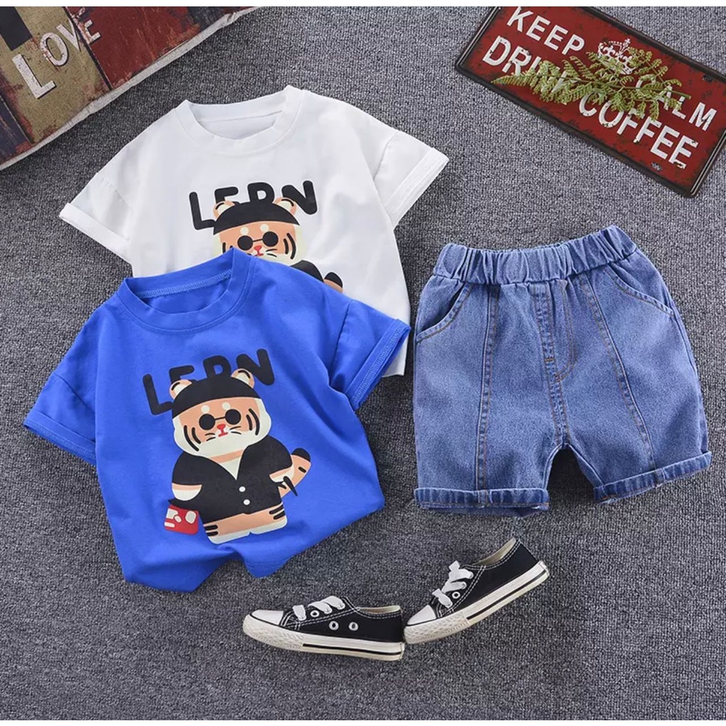 SETELAN ANAK BAJU KAOS CELANA PENDEK DENIM ANAK UMUR 1-5 TAHUN SETELAN MOTIF LERN BAJU ATASAN ANAK LAKI LAKI PEREMPUAN OUTFIT ANAK MASA KINI TERBARU PAKAIAN ANAK KEKINIAN TERMURAH