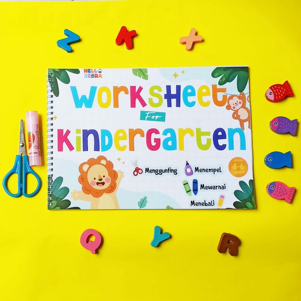 HELLO ZEBRA Worksheet Edukasi Anak – Buku Belajar Toddler & Kindergarten 2–6 Tahun + Alat Gunting