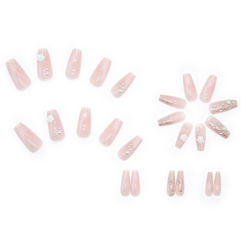 24pcs / Kotak Kuku Palsu Panjang Warna Putih Transparan Aksen Glitter Untuk Dekorasi Nail Art