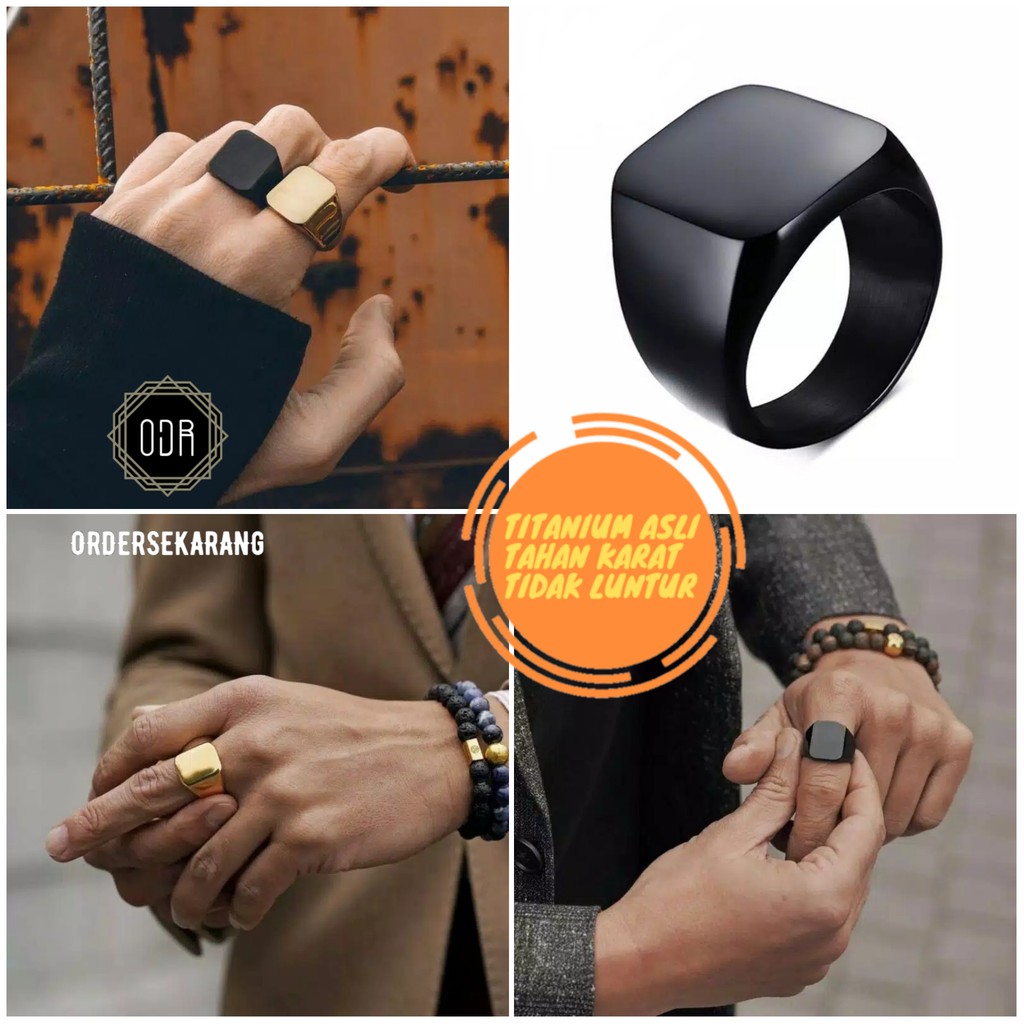 Cincin fashion aksesoris titanium square kotak hitam black gold silver premium pria wanita