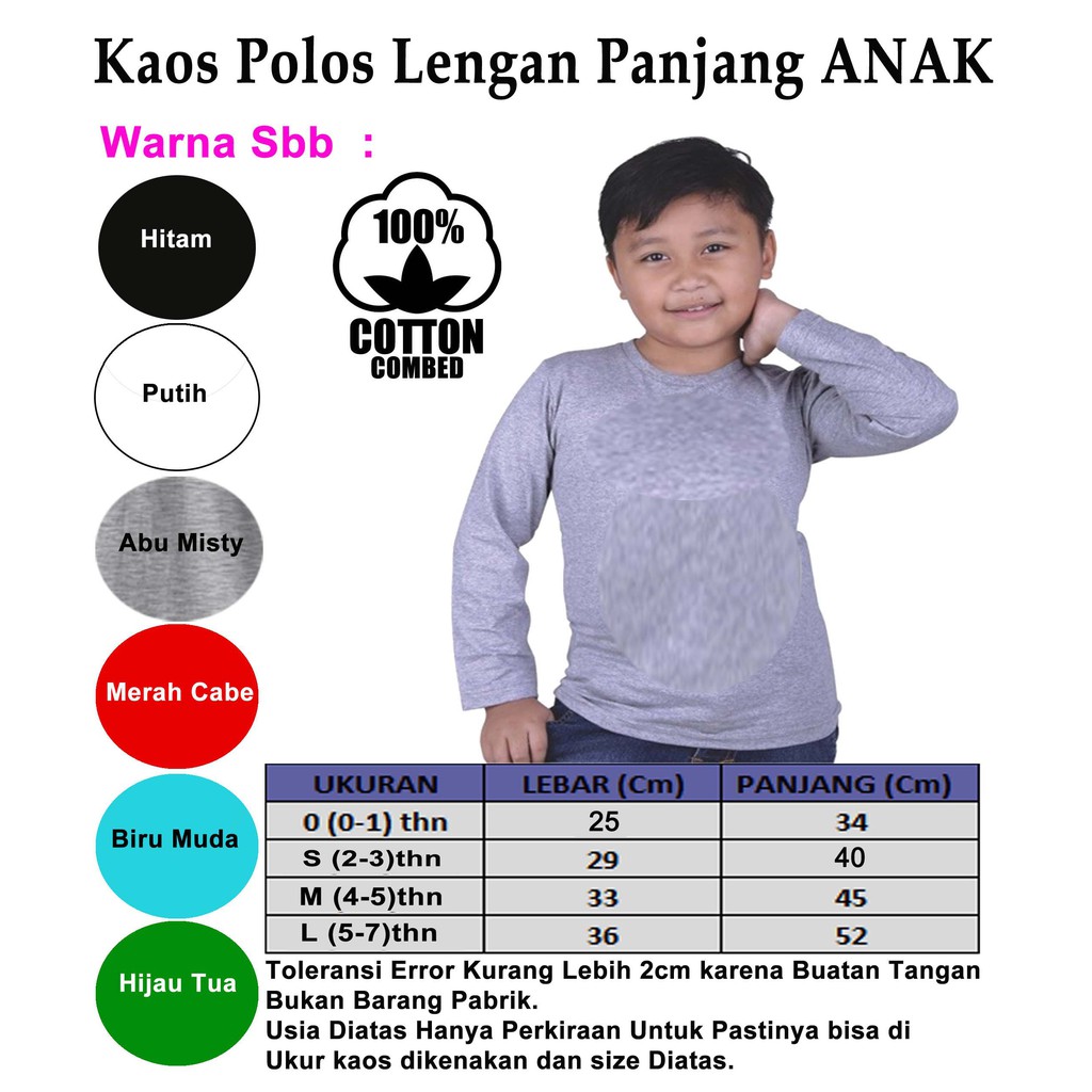 KAOS ANAK POLOS LENGAN PANJANG LAKI PEREMPUAN KATUN COMBED 24S HITAM