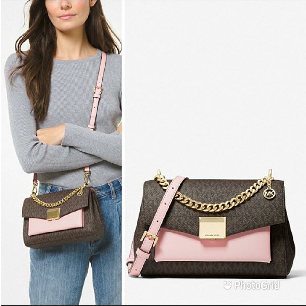 Tas wanita Michael kors lita medium shoulder bag sign brown blush pink