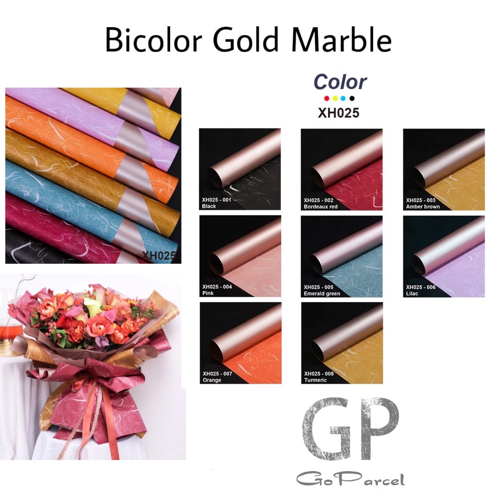 ( 5 Lembar ) BICOLOR GOLD MARBLE PATTERN - FLOWER WRAPPING PAPER KOREAN PLASTIC PLASTIC CELLOPHANE KERTAS BUNGA BUKET FLORIST DOUBLE SIDE 2 SISI ORANGE BLUE TOSCA BLACK