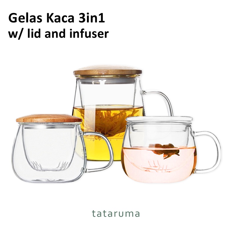 TATARUMA Kappu - Gelas Teh Kaca 3in1 dengan Tutup dan Saringan 300ml
