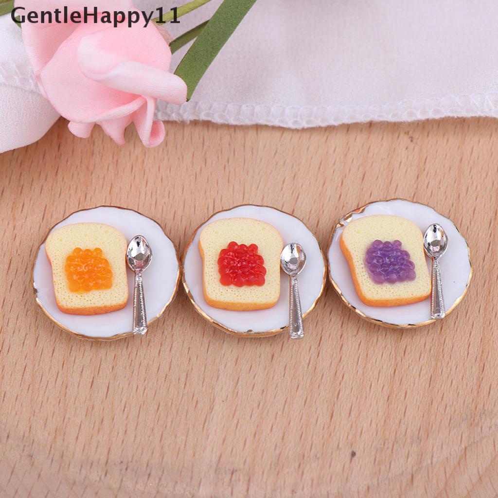 Gentlehappy 3Pcs / set Miniatur Piring + Sendok Roti Panggang Skala 1: 12 Untuk Aksesoris Rumah Boneka