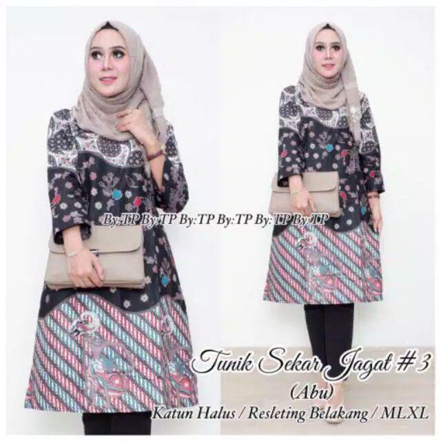 Tunik Sekar Jagat #3 Vania Abu Mono Kekinian Seragam Kerja Kantor Kondangan Murah Coklat Tunic Batik