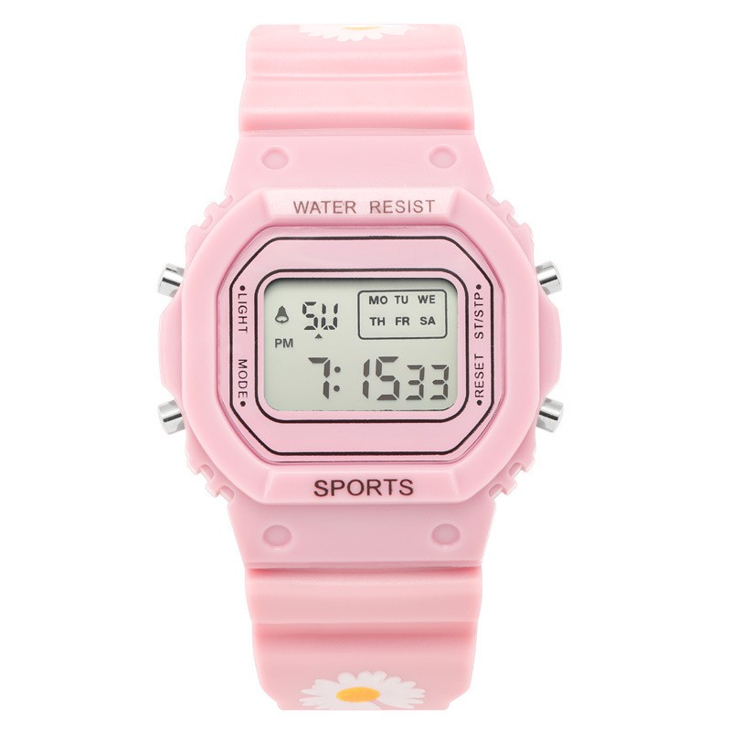 Jam Tangan Wanita Digital Strap Rubber Bunga Daisy Korea Style Fashion Sport Import-44-8 Pink