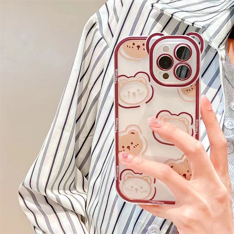 Soft Case Pelindung Lensa Bening Tahan Banting Anti Jatuh Motif Beruang Coklat Untuk iPhone 14 13 12 11 Pro Max X Xr Xs Max SE 8 7 6 6s Plus