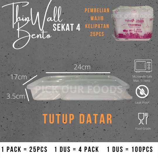 THINWAL BENTO 4 SEKAT | TRAY KOTAK MAKAN PLASTIK THIN WALL