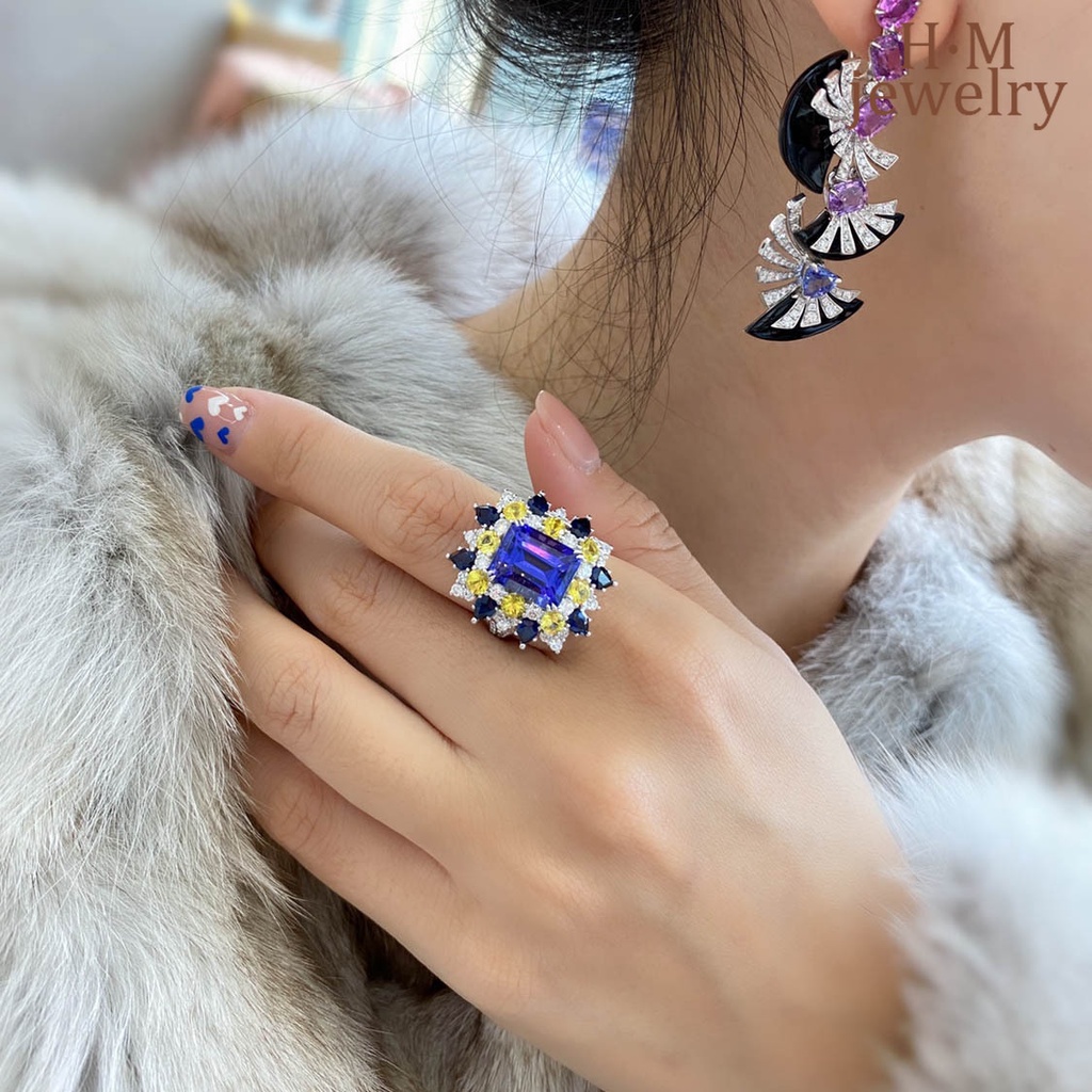 Cincin Lapis Emas 18k Model Terbuka Dengan Batu Sapphire Tamsang Untuk Wanita