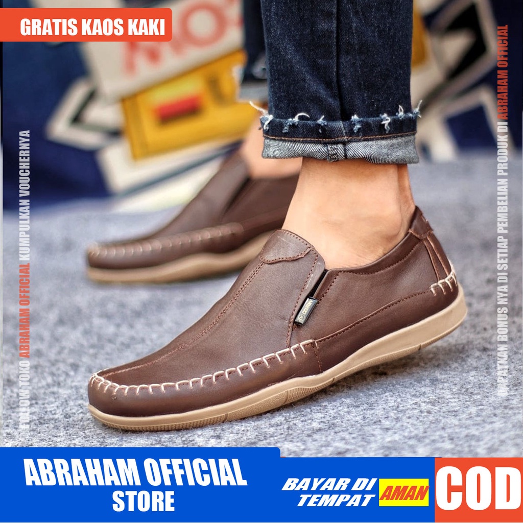 ABRHM X DIVOC Sepatu Slip On Pria Sepatu Casual Kerja Pria Sepatu Pria Cowok/Cowo Kulit Asli Sepatu Kasual Slop Anti Slip Semi Formal Kerja Kuliah Gaya Santai Keren Kekinian Original Murah Terlaris