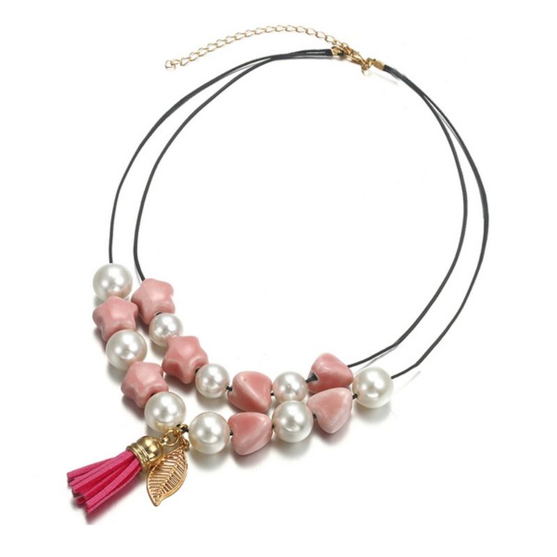 BISA COD Kalung Rantai Panjang Liontin Mutiara Rumbai Pink Necklace Lucu