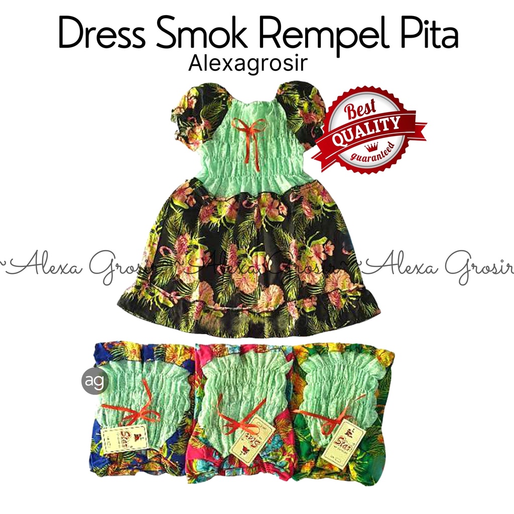 dress kerut motif pendek bunga /dress smok rempel lengan pita-ALEXA