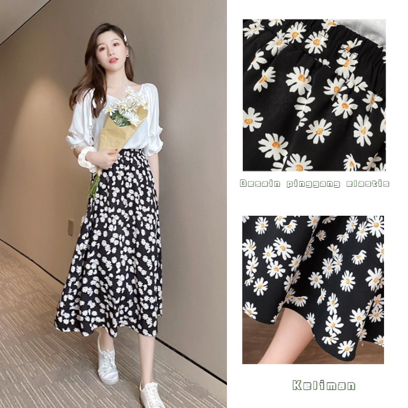 Rok Daisy Kecil Rok Sifon Pinggang Tinggi Gaya Tipis Bunga Rok Panjang Kualitas tinggi