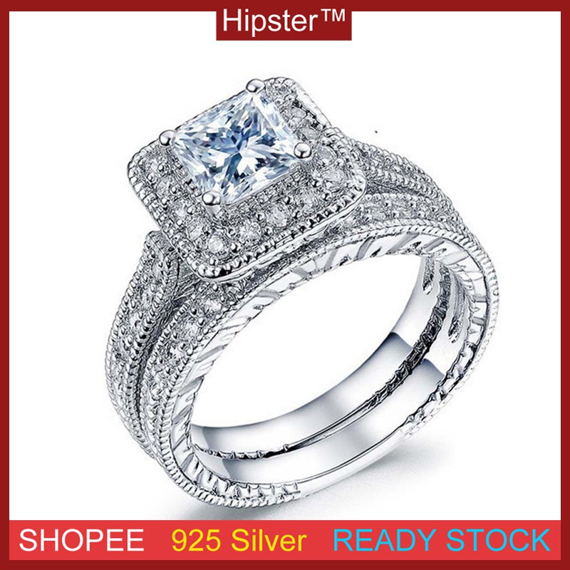 Fashion Aksesoris Cincin Set Pasangan Silver Set Cincin Berlian Desain Bergaya Pasangan Mewah